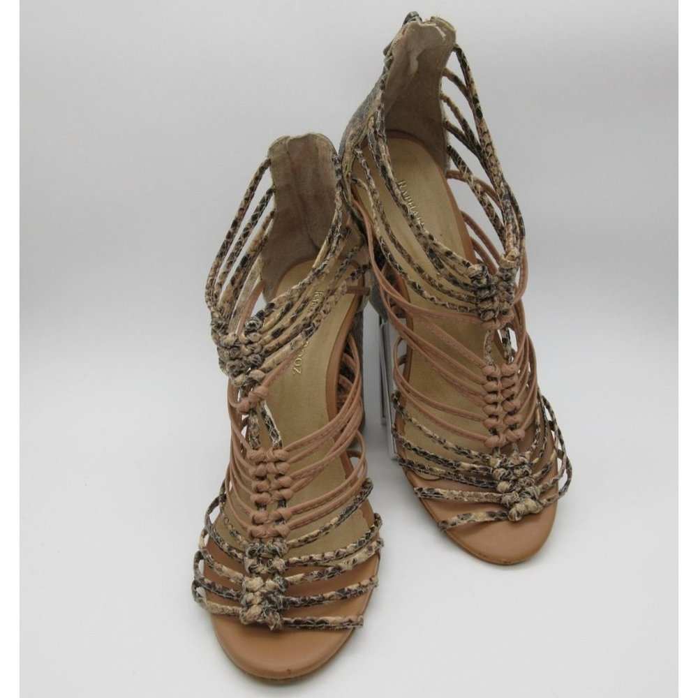 Anthropologie Raphaella Booz knotted strappy snake print block heel sandals